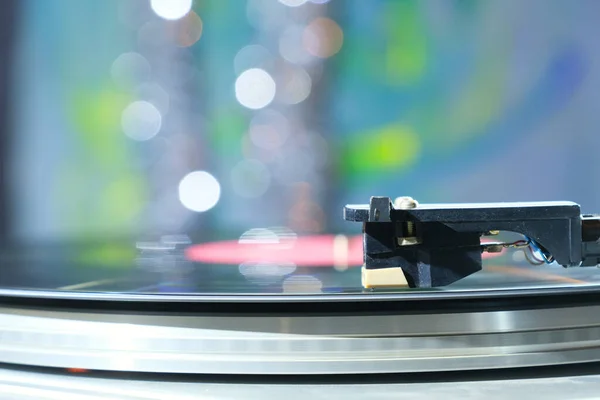 Vinyl Record Player Bright Lights Disco Bokeh — Stock Photo, Image