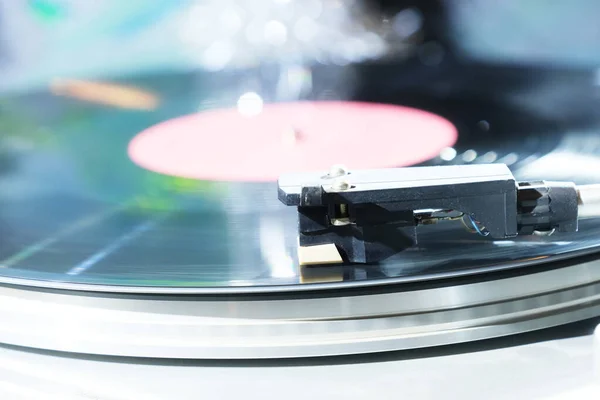 Vinyl Record Player Bright Lights Disco Bokeh — Stock Photo, Image