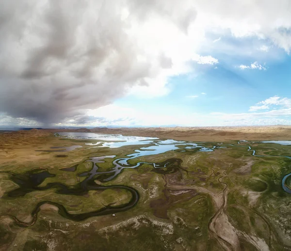Luftpanorama Sand Wüste Mongol Els Und Sawkhan Fluss — Stockfoto