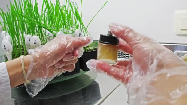 Laboratory Worker Shaking Jar Chemicals Plant Stems Background — Vídeo de Stock