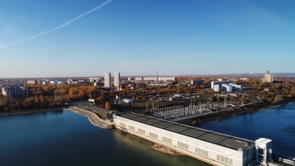 Drone Footage Power Station Harbor Autumn City View — Video Stock