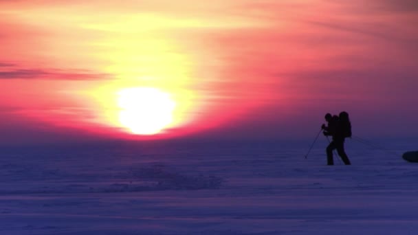 Uomo nella neve deserto al tramonto — Video Stock