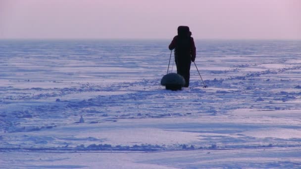 Человек в снежной пустыне на закате — стоковое видео