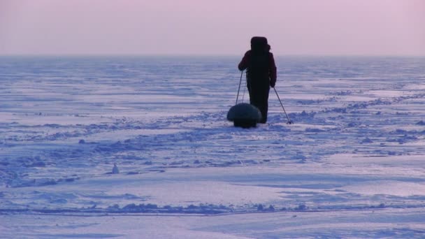 Hombre en el desierto de nieve al atardecer — Vídeos de Stock