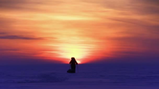 Uomo nella neve deserto al tramonto — Video Stock