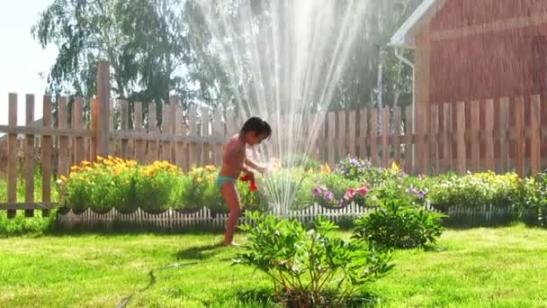 Kleiner Junge spielt mit Sprinkler — Stockvideo