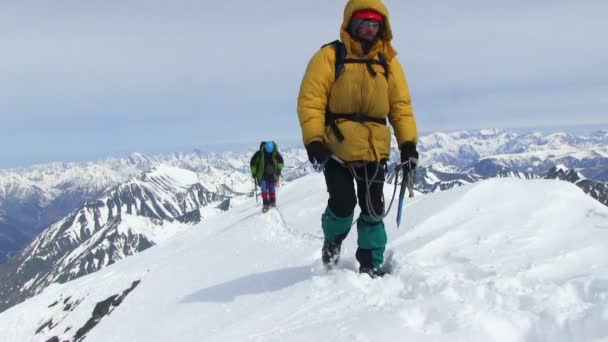 白雪皑皑的山中徒步旅行的人 — 图库视频影像