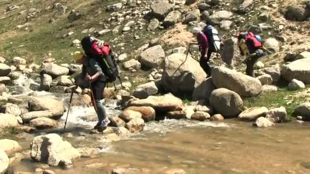 Viajeros cruzan río vado — Vídeo de stock