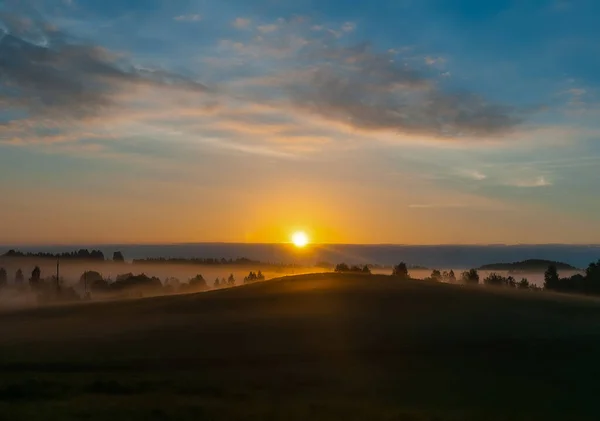 Auringonnousun Suinen Peltomaisema Kesäisin Pihkovan Alue Venäjä — kuvapankkivalokuva