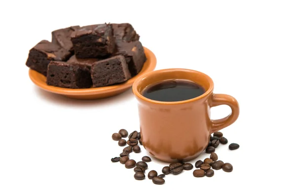 Choklad brownies och kopp kaffe — Stockfoto