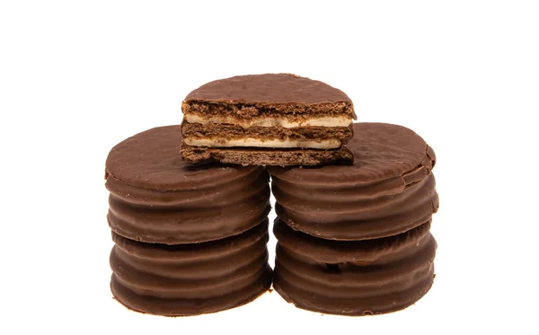 Koekjes Chocolade Glazuur Geïsoleerd Witte Achtergrond — Stockfoto