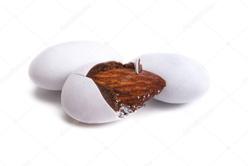 almonds in chocolate glaze isolated on white background