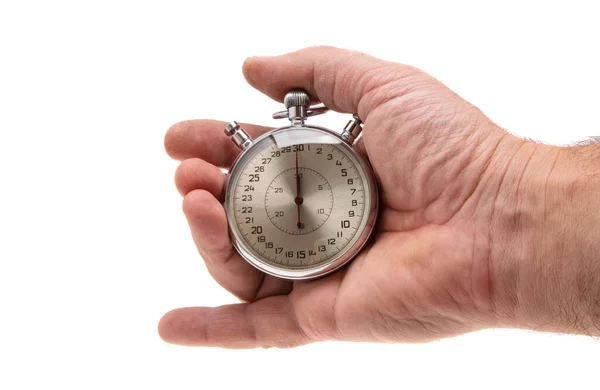 Mano Con Cronómetro Aislado Sobre Fondo Blanco — Foto de Stock