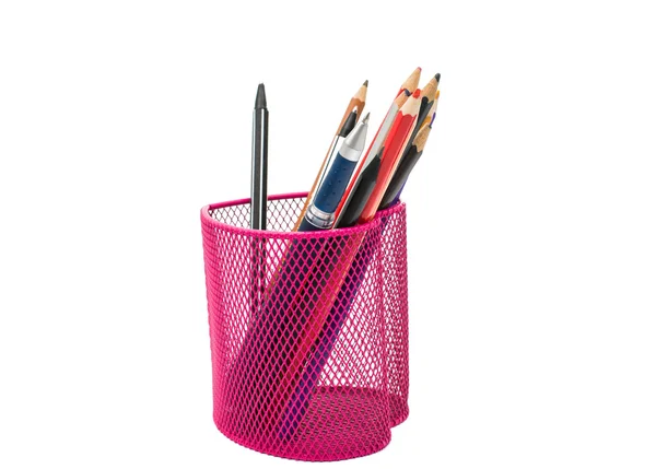 Pencils in a pink basket — Stock Photo, Image