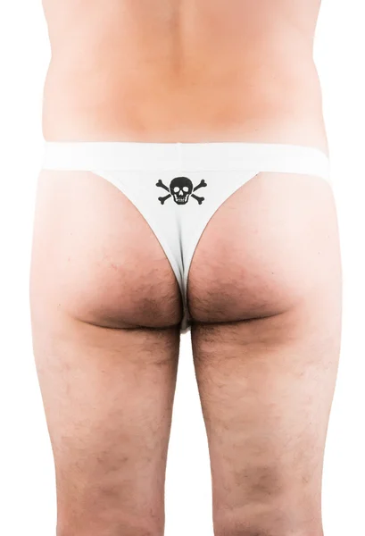 Close up de homem em cueca boxer branco apontando para o pênis — Fotografia de Stock