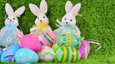 Paskalya yumurtalarının bir tavşanla yakın çekim videosu.