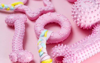 Pembe arka planda köpek oyuncakları