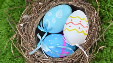 Yeşil arka planda bir Paskalya yumurtası ve kuş yuvası videosu.