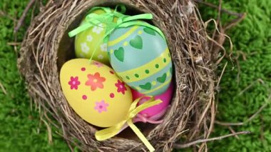 Yeşil arka planda bir Paskalya yumurtası ve kuş yuvası videosu.