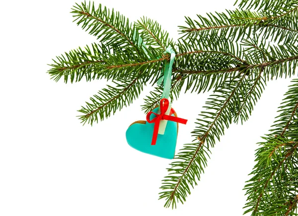 Gingerbread ornaments hanging on fir branch — Stock Photo, Image