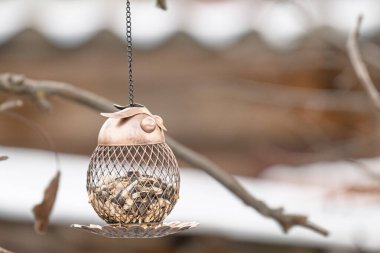 Asılan bir kuş yemliğinin yakın çekimi.