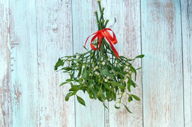 Kırmızı kurdeleli bir ökseotu buketinin yakın plan fotoğrafı.