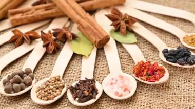 Ahşap kaşıklardaki aromatik baharat karışımının videosu.