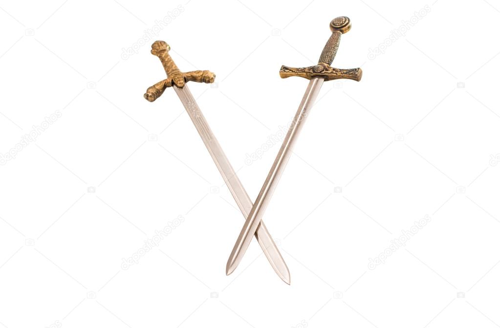 Two Crossed Swords of Gold on White Background