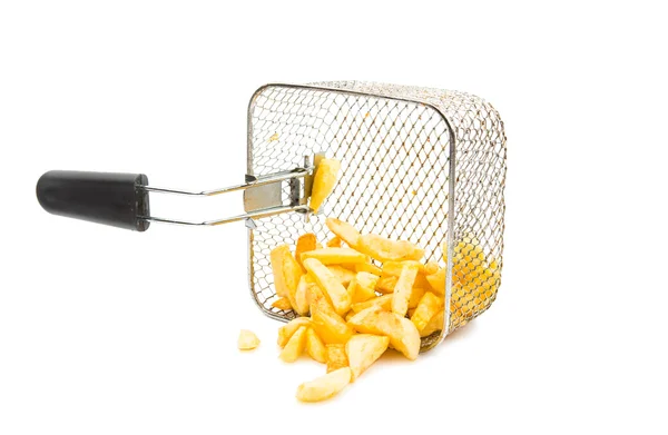 Fried potatoes and frying pan basket — Stock Photo, Image