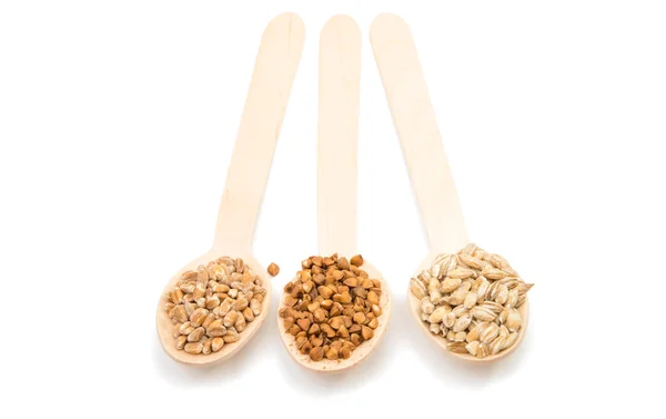 Barley, wheat, buckwheat, oat groats in a wooden spoon isolated — Stock Photo, Image