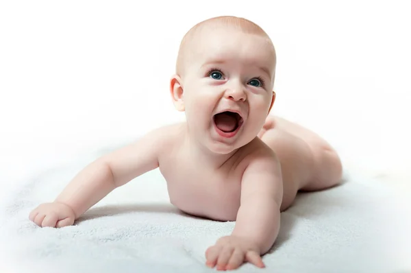 Happy caucasian baby boy with his mouth open — Stock Photo, Image