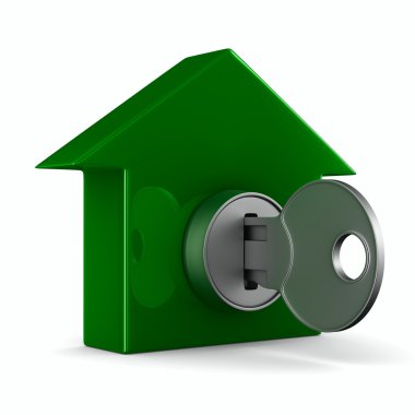 anahtar ve beyaz zemin üzerine evi. 3D görüntü