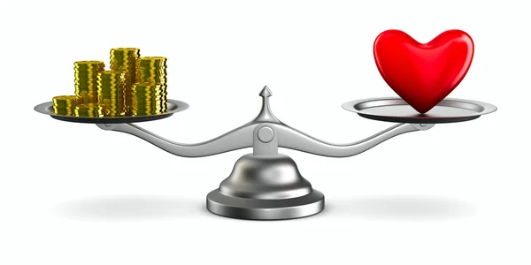 Srdce a peníze na vahách. Izolované 3d obraz — Stock fotografie