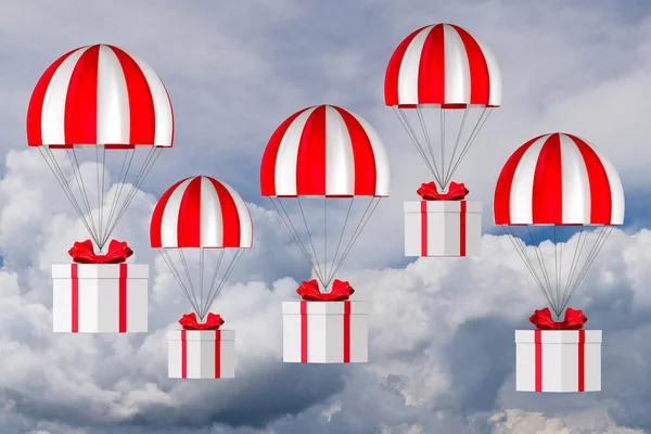 white box with red bow and parachute on sky background. 3D illustration