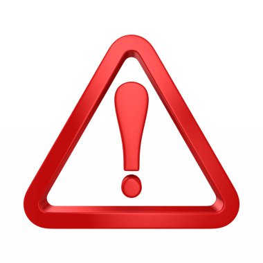 Beyaz arka planda kırmızı üçgen ve ünlem işareti. İzole edilmiş üç boyutlu illüstrasyon