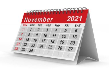2021 yılı. Kasım ayı takvimi. İzole edilmiş üç boyutlu illüstrasyon