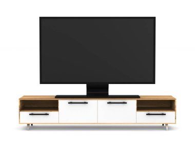 Beyaz arka planda TV standı. İzole edilmiş üç boyutlu illüstrasyon