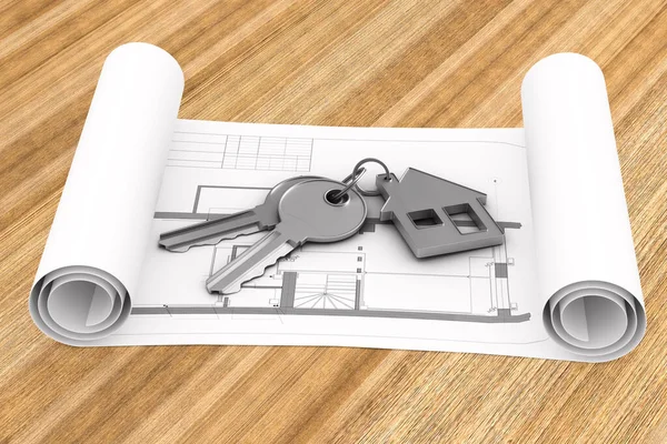 木製の表面に2つのキーとトリンクハウス 3Dイラスト — ストック写真