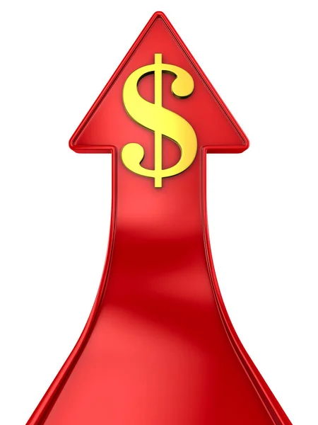 Σύμβολο Δολαρίου Και Κόκκινο Βέλος Λευκό Φόντο Μεμονωμένη Τρισδιάστατη Απεικόνιση — Φωτογραφία Αρχείου
