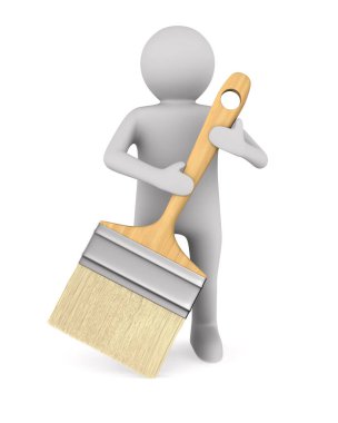 Beyaz arka planda fırçası olan bir ressam. İzole edilmiş üç boyutlu illüstrasyon