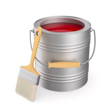Beyaz arka planda renkli fırça ve teneke kutu. İzole edilmiş üç boyutlu illüstrasyon