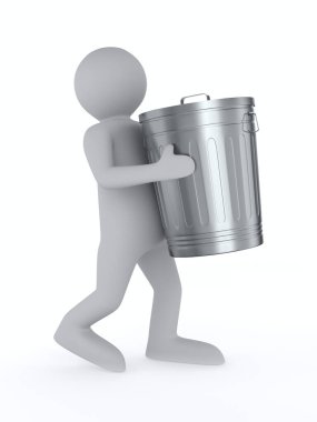 Adam beyaz arka planda çöp sepeti taşıyor. İzole edilmiş üç boyutlu illüstrasyon