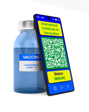 Aşı için dijital pasaport beyaz arka planda. İzole edilmiş üç boyutlu illüstrasyon