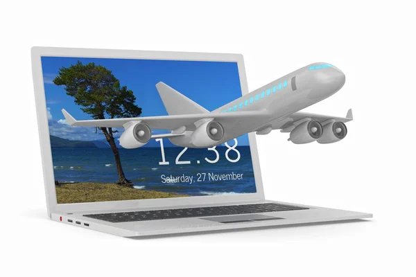 airplane and laptop on white background. Isolated 3D illustration