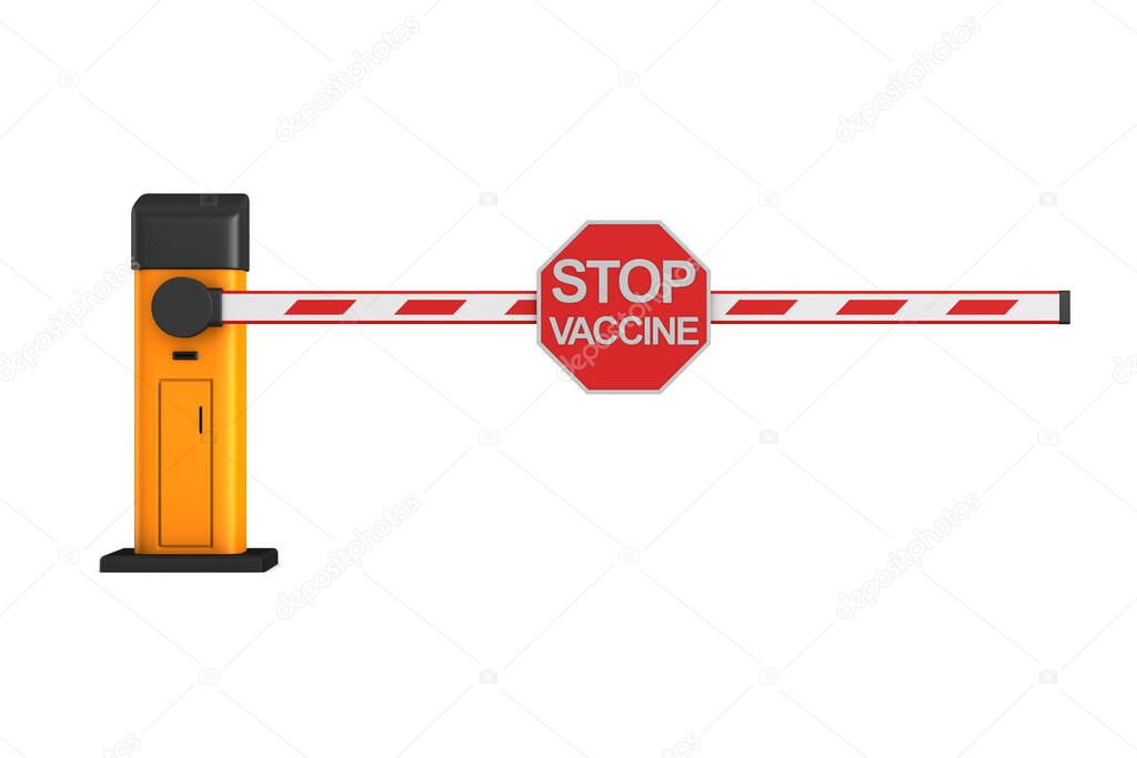 closed automatic barrier with sign stop vaccine on white background. Isolated 3D illustration