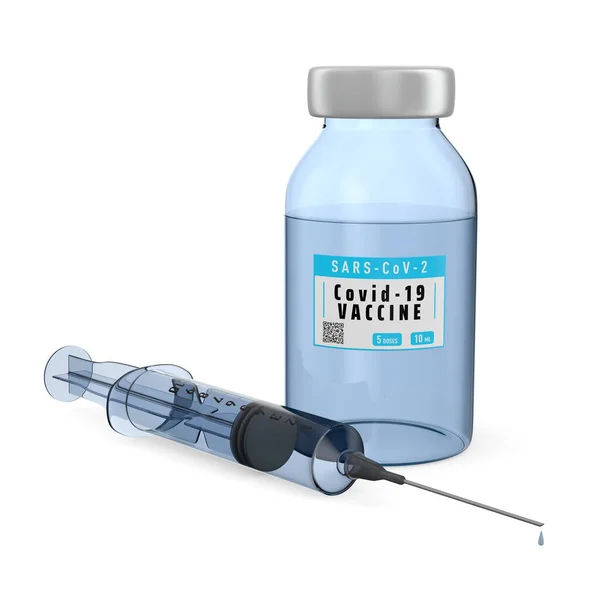 白い背景にCovid 19の注射器とワクチンです 孤立した3Dイラスト — ストック写真