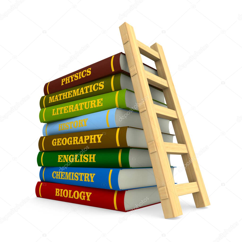 Stack of hardcover text books and staircase on white background. Isolated 3D illustration