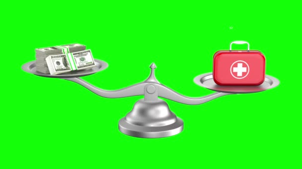 药物和金钱的规模 在绿色背景上孤立的3D渲染 — 图库视频影像