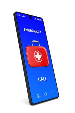 Beyaz arka planda ilk yardım çantası ve telefon. İzole edilmiş 3d illüstrasyon