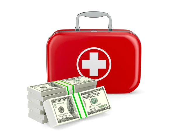 急救箱和白色背景的钱 孤立的3D示例 — 图库照片